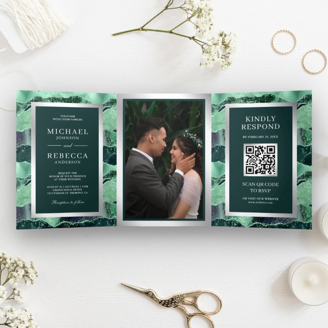 Sea Green Glitter Agate Marble QR Code Wedding Tri-Fold Invitation (Creator Uploaded)