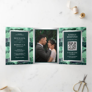 Sea Green Glitter Agate Marble QR Code Wedding Tri-Fold Invitation