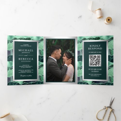 Sea Green Glitter Agate Marble QR Code Wedding Tri_Fold Invitation
