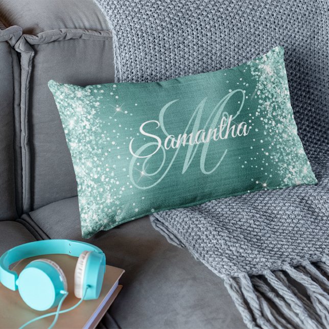 Sea Green Glitter Aqua Teal Foil Fancy Monogram Lumbar Pillow (Creator Uploaded)