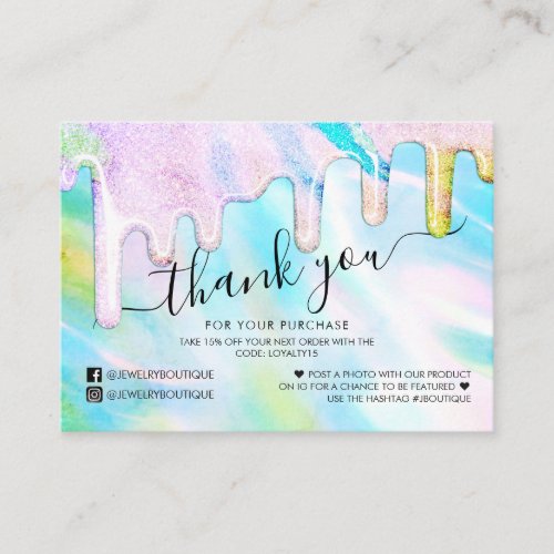 Sea Green Holographic Glitter Customer Thank You Business Card