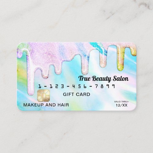 Sea Green Holographic Glitter Drips Gift Credit Business Card