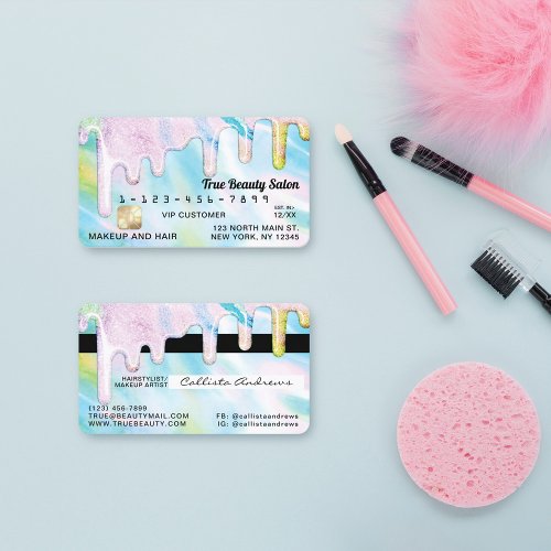 Sea Green Holographic Thick Glitter Drips Credit Business Card