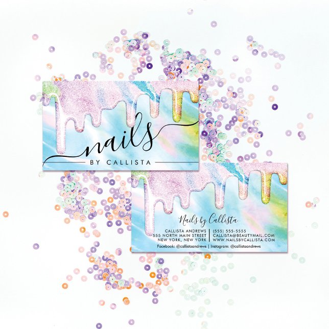 Sea Green Holographic Thick Glitter Drips Nails Business Card (Creator Uploaded)