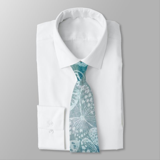 Sea Green Marble Butterflies Neck Tie (Tied)