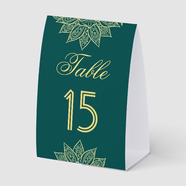 Sea Green Mehendi Indian Wedding Table Number Paper Table Tent (Front)