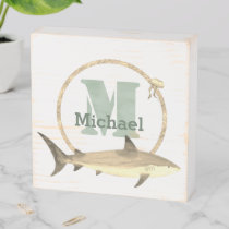 Sea Green Monogram Name Pastel Yellow Shark Rope Wooden Box Sign