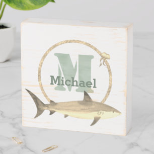 Sea Green Monogram Name Pastel Yellow Shark Rope Wooden Box Sign