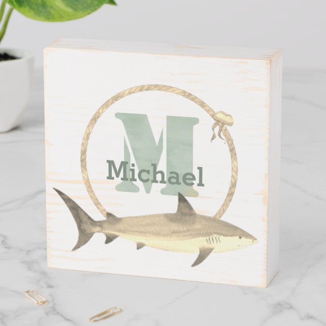 Sea Green Monogram Name Pastel Yellow Shark Rope Wooden Box Sign (In Situ Horizontal)