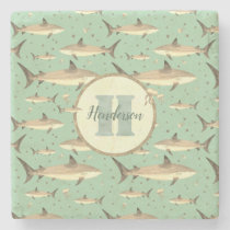 Sea Green | Name + Watercolor Monogram Shark Stone Coaster
