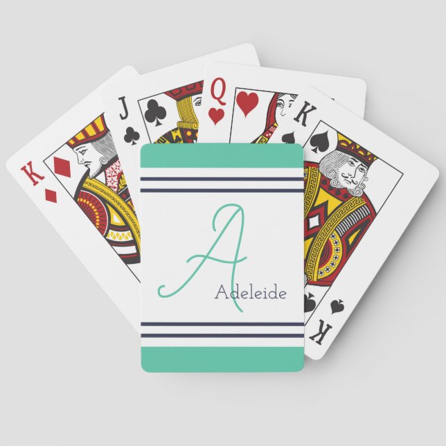 Sea Green & Nave Blue Stripes Personalized Poker Cards (Back)