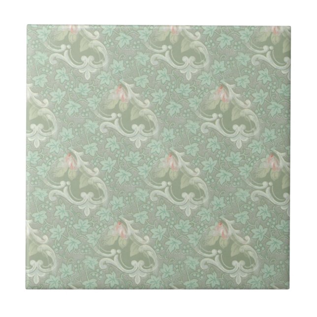 Sea Green Pink Pastel Floral Ceramic tile (Front)