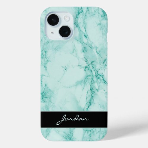 Sea Green Polished Marble Stone with Name iPhone 15 Case