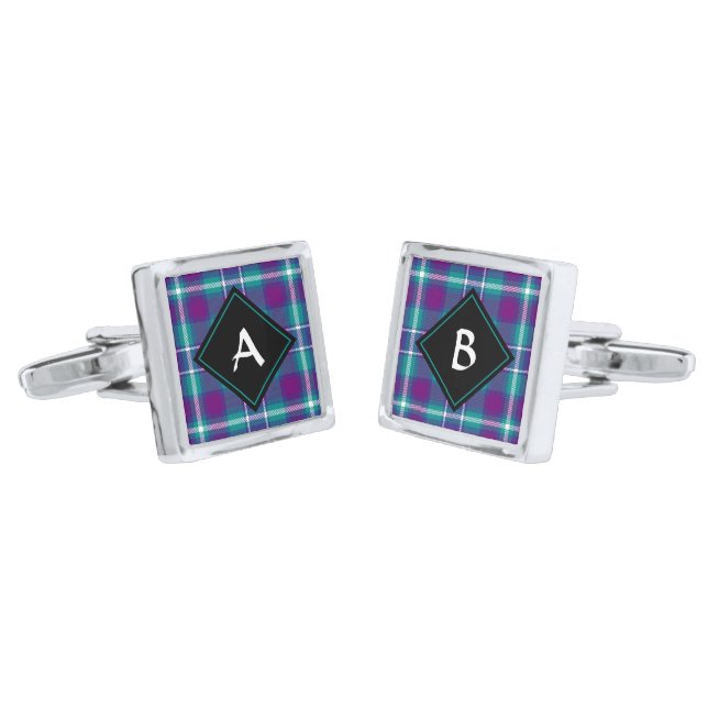 Sea Green, Purple and Blue Tartan Cufflinks (Angled)