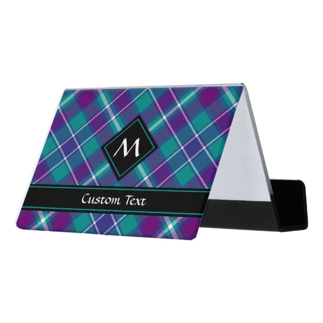Sea Green, Purple and Blue Tartan Desk Business Card Holder (Angled Back)