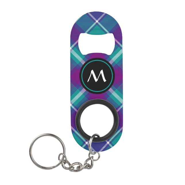Sea Green, Purple and Blue Tartan Keychain Bottle Opener (Front)