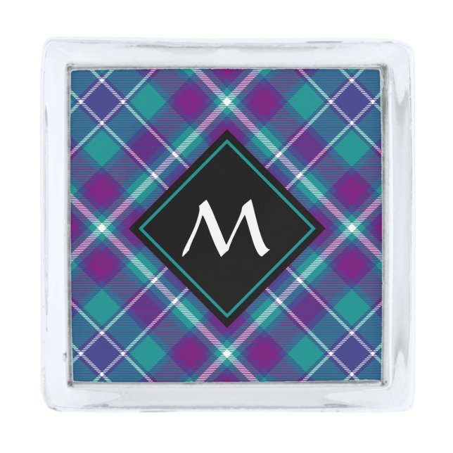 Sea Green, Purple and Blue Tartan Silver Finish Lapel Pin (Front)