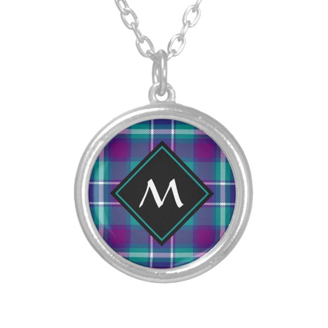 Sea Green, Purple and Blue Tartan Silver Plated Necklace (Front)