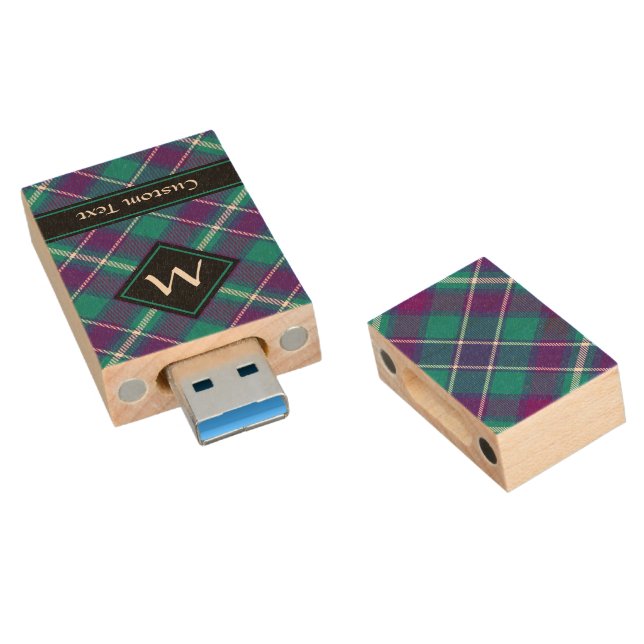 Sea Green, Purple and Blue Tartan Wood Flash Drive (Angled)
