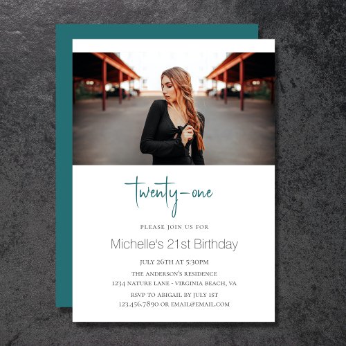 Sea Green Stylish Modern Photo 21st Birthday Invitation