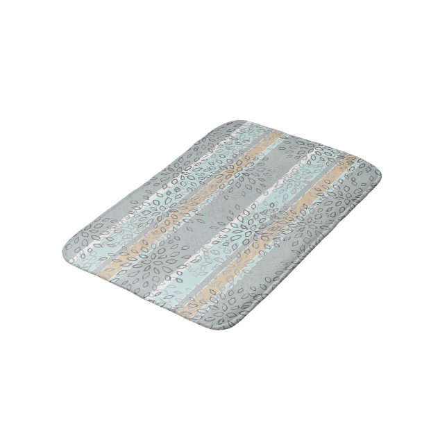 Sea Green Tan Stripes Gray White Leaves Pattern Bath Mat (Angled)