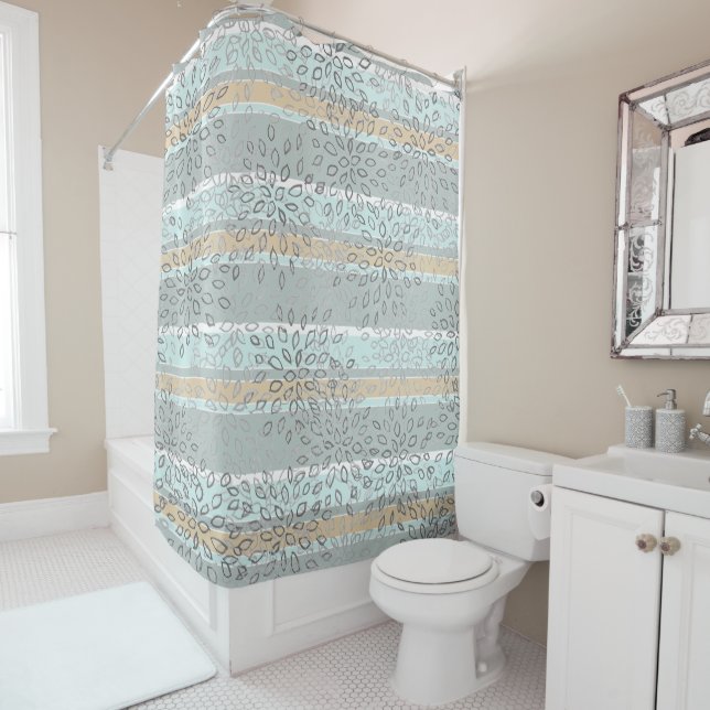Sea Green Tan Stripes Gray White Leaves Pattern Shower Curtain (In Situ)