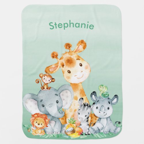 Sea Green Watercolor Cute Safari Jungle Animals Baby Blanket