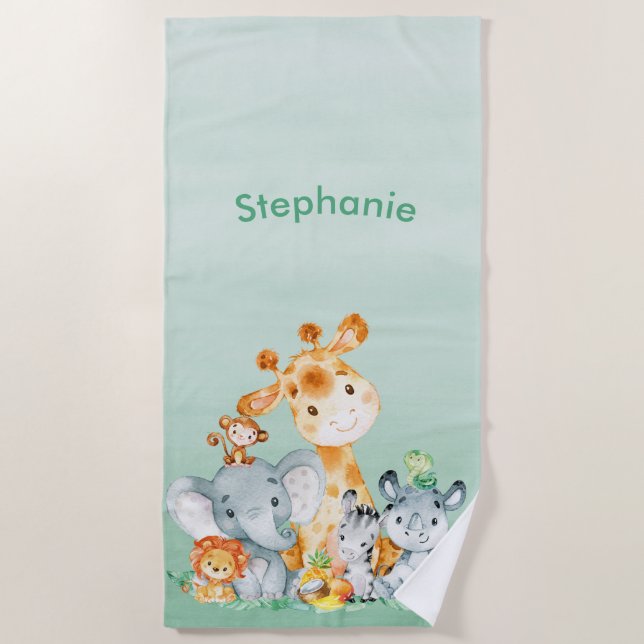Sea Green Watercolor Cute Safari Jungle Animals Beach Towel (Front)