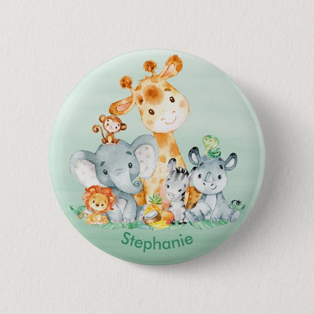 Sea Green Watercolor Cute Safari Jungle Animals Button (Front)