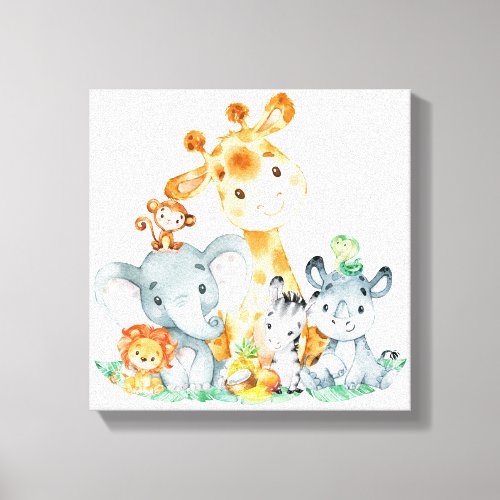 Sea Green Watercolor Cute Safari Jungle Animals Canvas Print