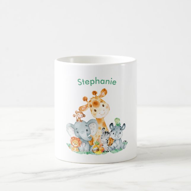 Sea Green Watercolor Cute Safari Jungle Animals Coffee Mug (Center)