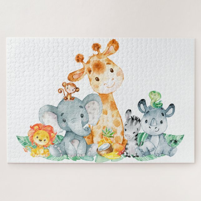 Sea Green Watercolor Cute Safari Jungle Animals Jigsaw Puzzle (Horizontal)