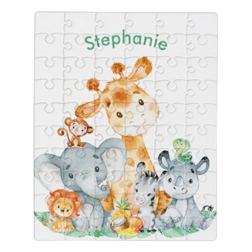 Sea Green Watercolor Cute Safari Jungle Animals Jigsaw Puzzle