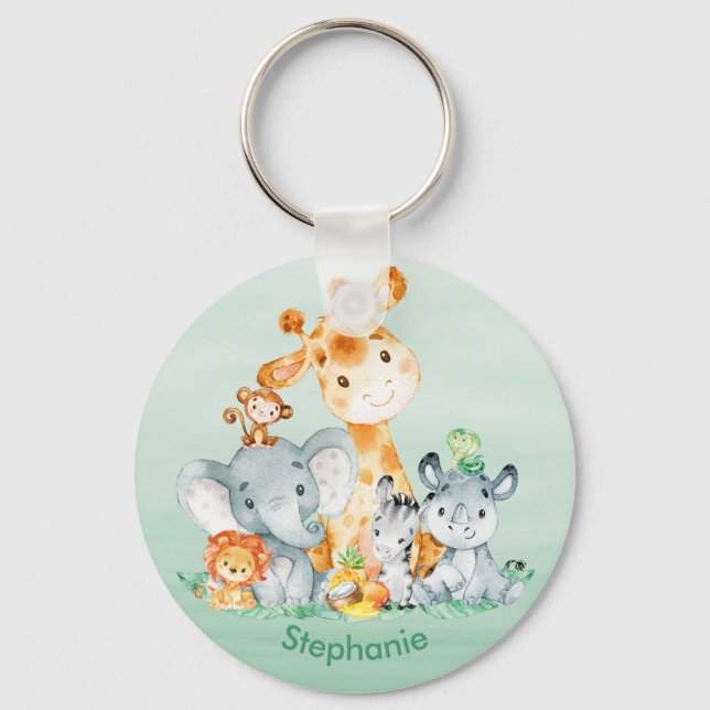 Sea Green Watercolor Cute Safari Jungle Animals Keychain (Front)