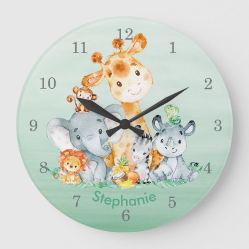 Sea Green Watercolor Cute Safari Jungle Animals Large Clock