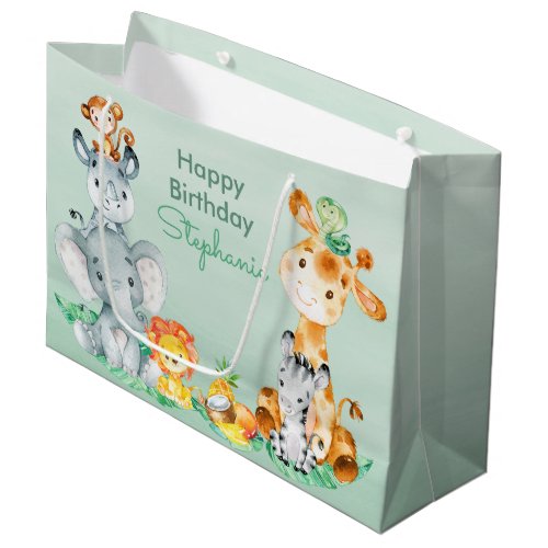 Sea Green Watercolor Cute Safari Jungle Animals Large Gift Bag