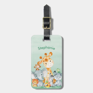 Sea Green Watercolor Cute Safari Jungle Animals Luggage Tag