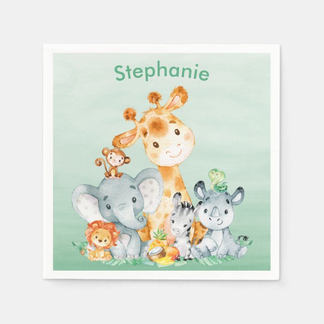 Sea Green Watercolor Cute Safari Jungle Animals Napkins (Front)