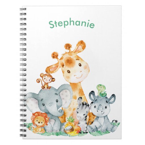 Sea Green Watercolor Cute Safari Jungle Animals Notebook