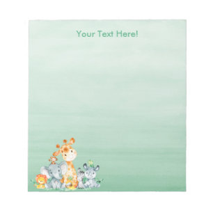 Sea Green Watercolor Cute Safari Jungle Animals Notepad