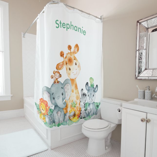 Sea Green Watercolor Cute Safari Jungle Animals Shower Curtain (In Situ)