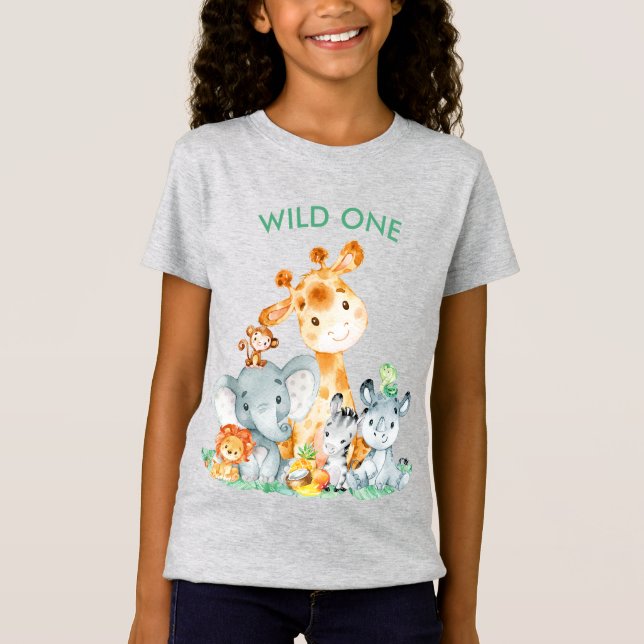 Sea Green Watercolor Cute Safari Jungle Animals T-Shirt (Front)