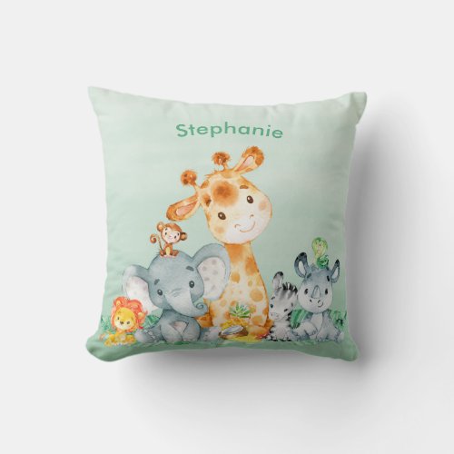 Sea Green Watercolor Cute Safari Jungle Animals Throw Pillow