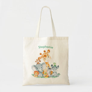 Sea Green Watercolor Cute Safari Jungle Animals Tote Bag