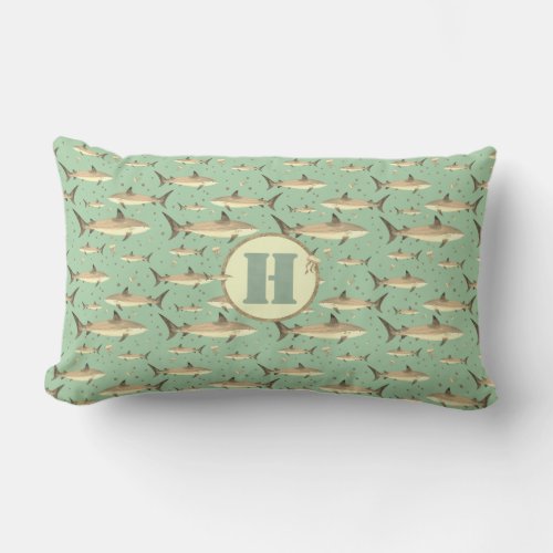 Sea Green Watercolor Monogram Shark  Jellyfish Lumbar Pillow