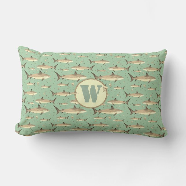 Sea Green Watercolor Monogram Shark + Jellyfish Lumbar Pillow (Front)