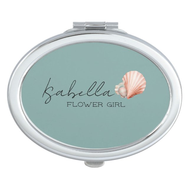 Sea Green with Shell Personalized Bridal Party Compact Mirror (Front)