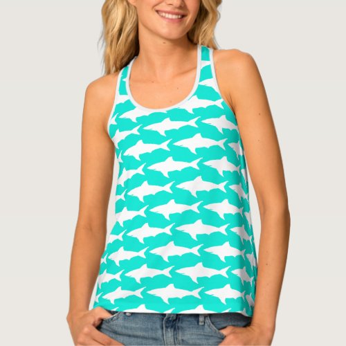 Sea green womens tank top with white shark print
