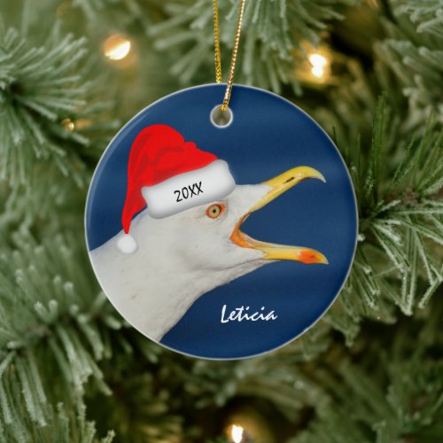 Sea Gull in Santa Hat Christmas Ceramic Ornament