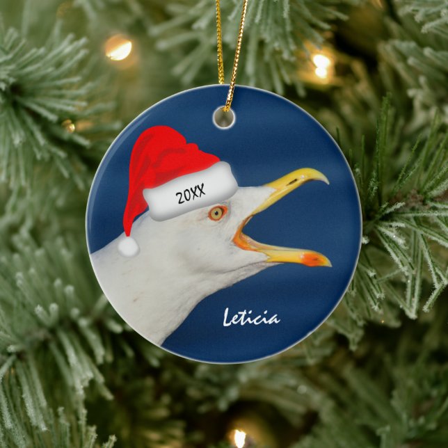Sea Gull in Santa Hat Christmas Ceramic Ornament (Tree)